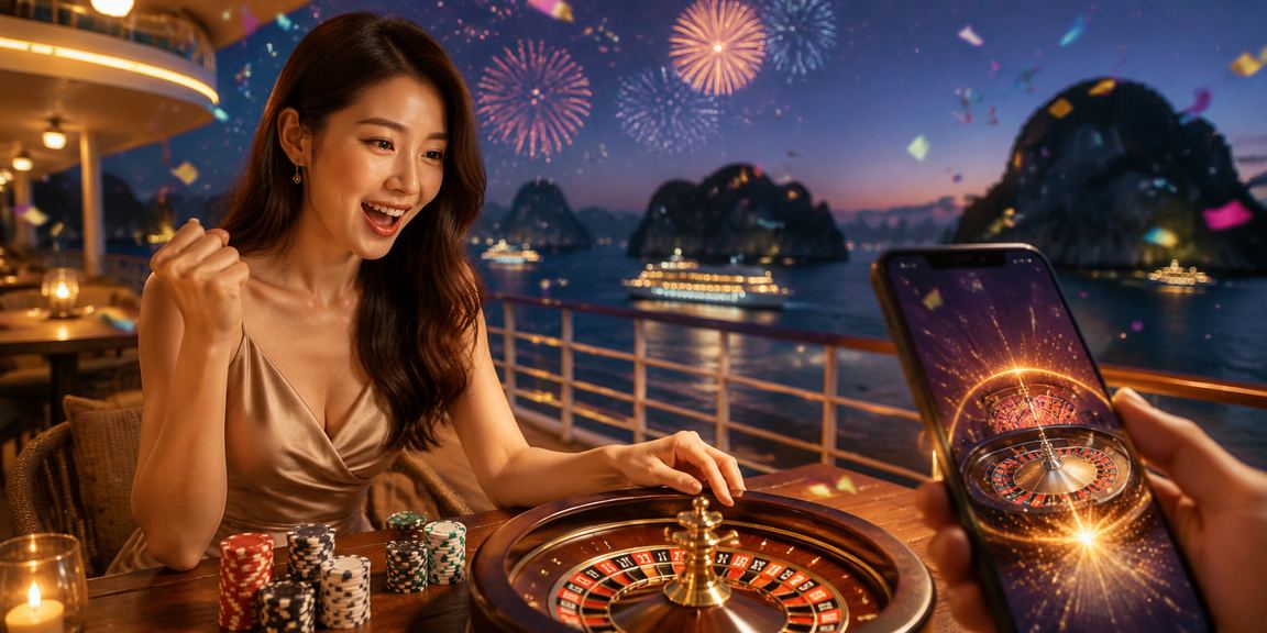 Người chơi thư giãn cạnh vịnh Hạ Long thưởng thức cà phê và chơi roulette trực tuyến
